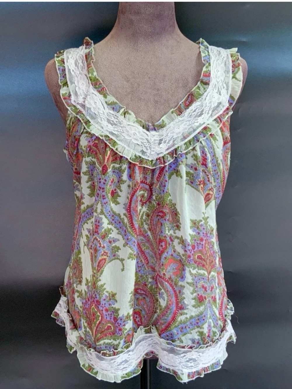 Passport Vintage Y2K Paisley Chiffon Lace Ruffle Fairycore Top Women’s L